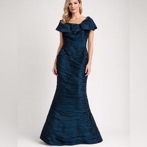 Jovani 158037 Teal Ruched Off Shoulder Evening Gown Mermaid Vintage Dress